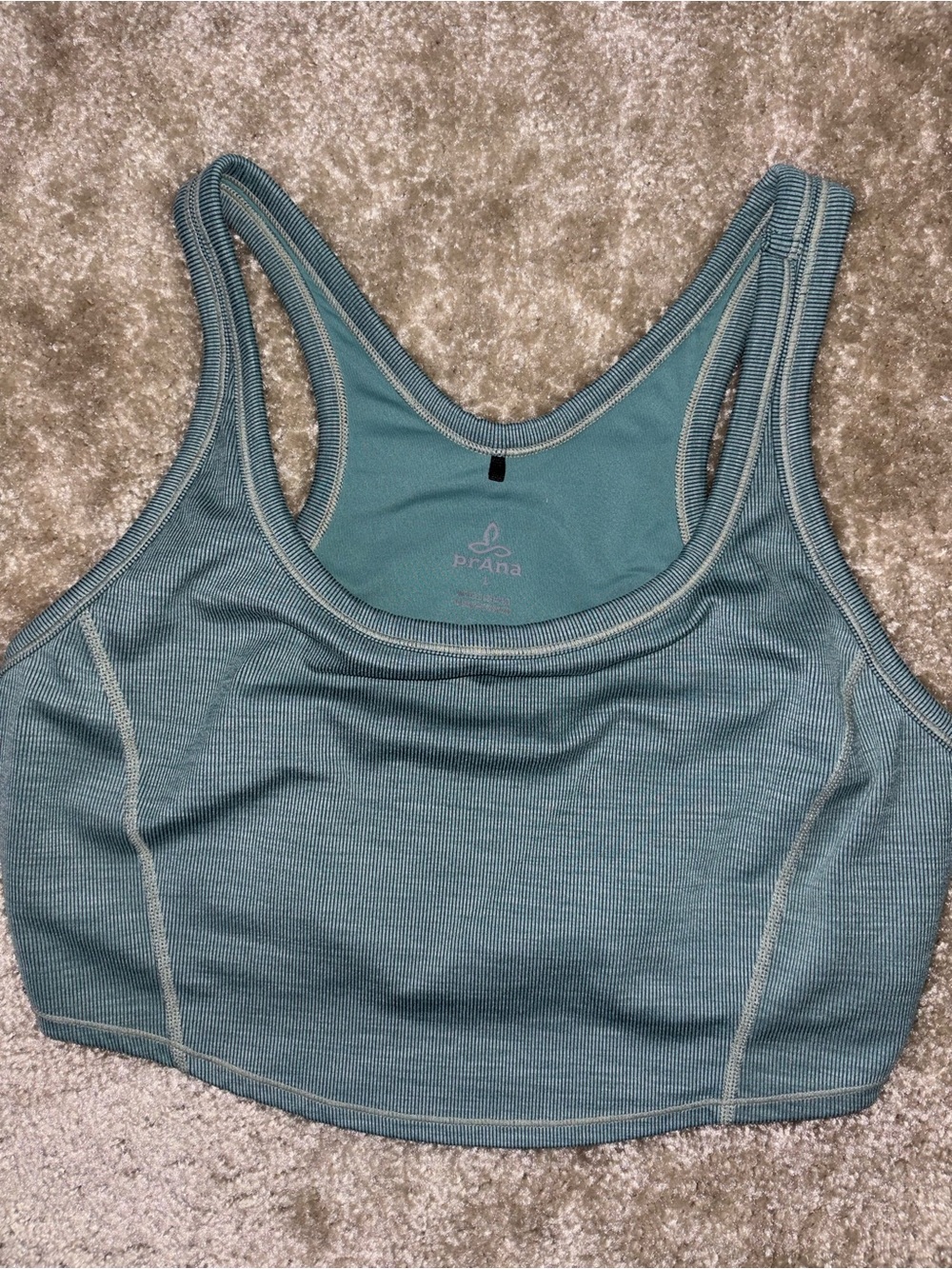 Prana Ribbed Scoop-Back Sports Bra in muted teal